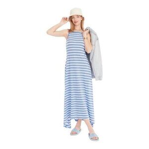 J Crew Blue White Stripped Vintage Cotton Boat Neck T Shirt Maxi Dress US M